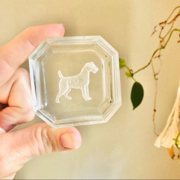 Vintage Jack Russell Terrier Engraved Crystal Glass Mini Dish Ashtray Memento